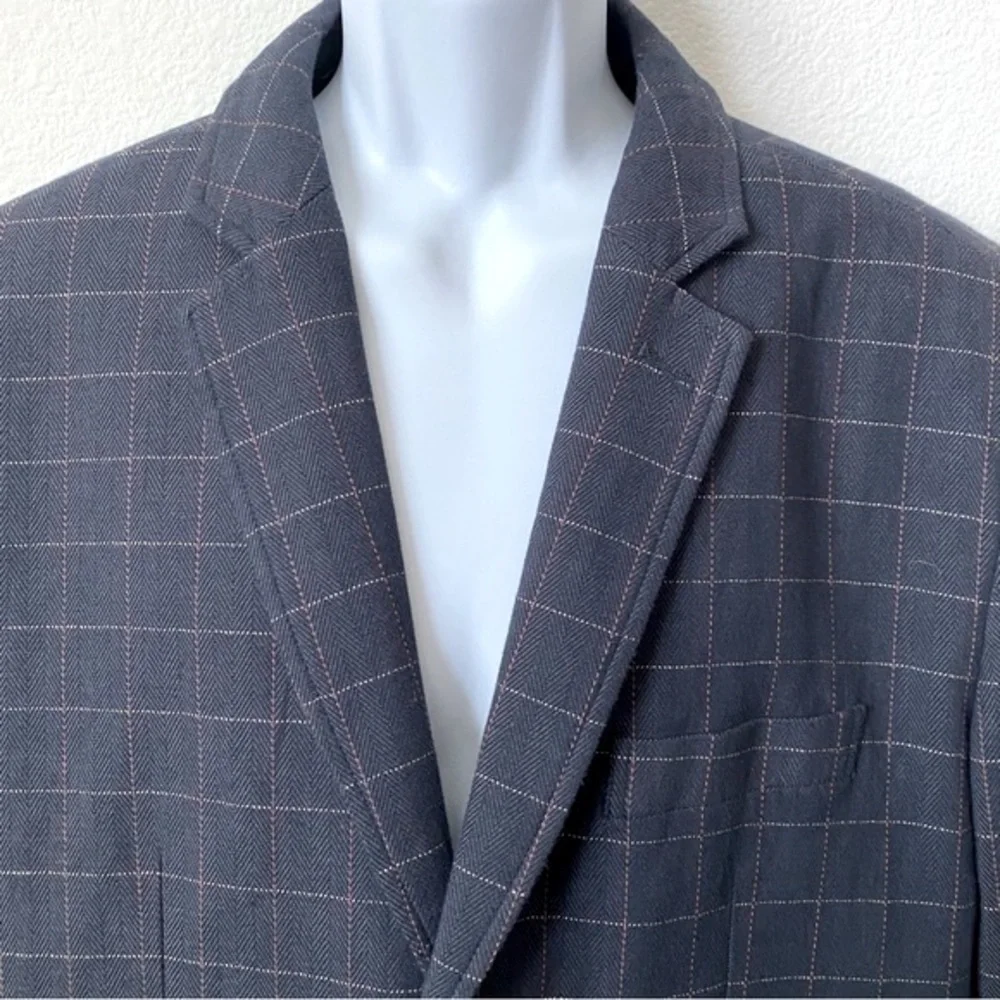 Jachs, Navy Blue Cotton Plaid Two Button Sports Coat